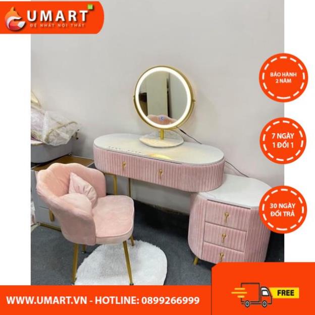 Bàn trang điểm nỉ nhung xếp li mặt đá gương đèn led 3 màu siêu xinh