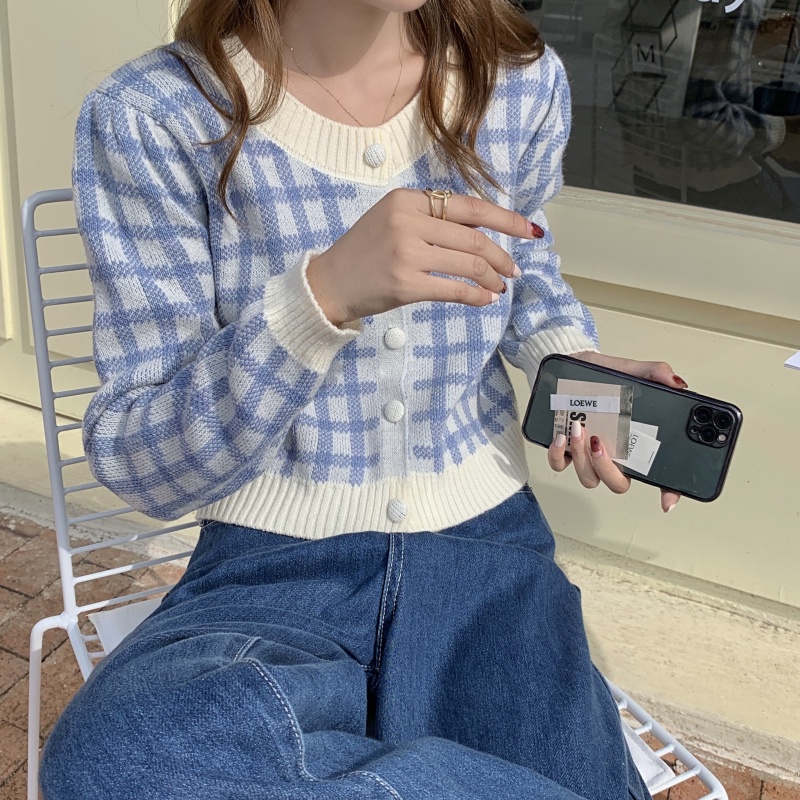 Áo khoác cardigan dệt kim tay dài họa tiết sọc caro phong cách Hàn Quốc thanh lịch