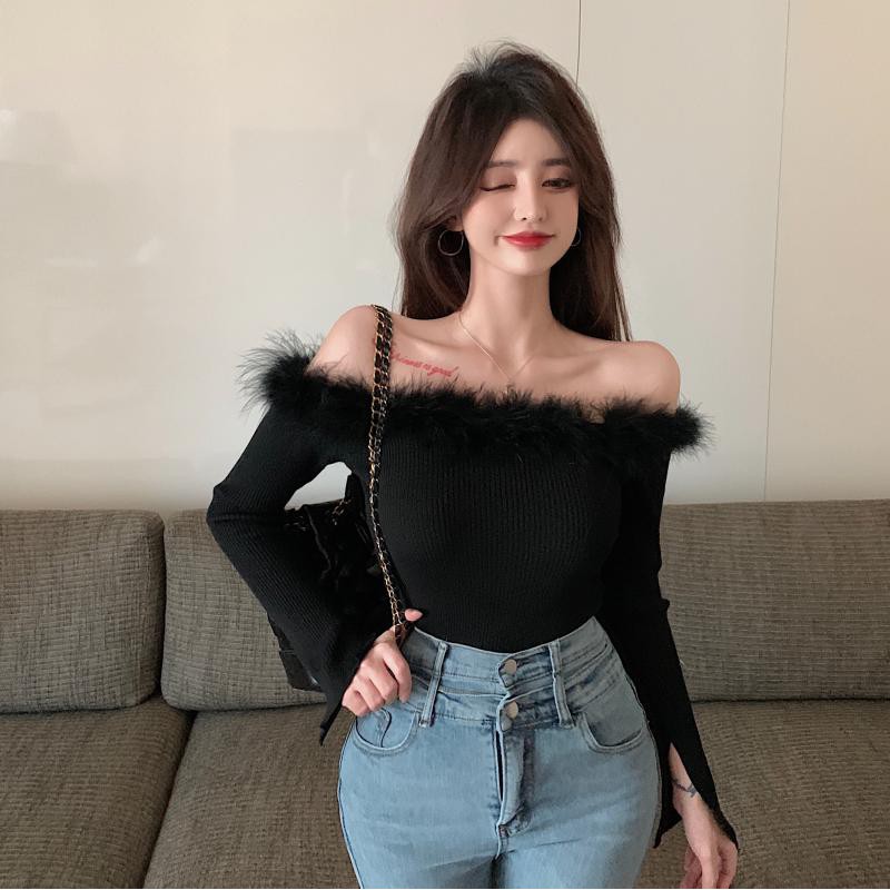 Áo dệt kim tay dài cổ thuyền màu trơn phối lông sang trọng thời trang cho nữ