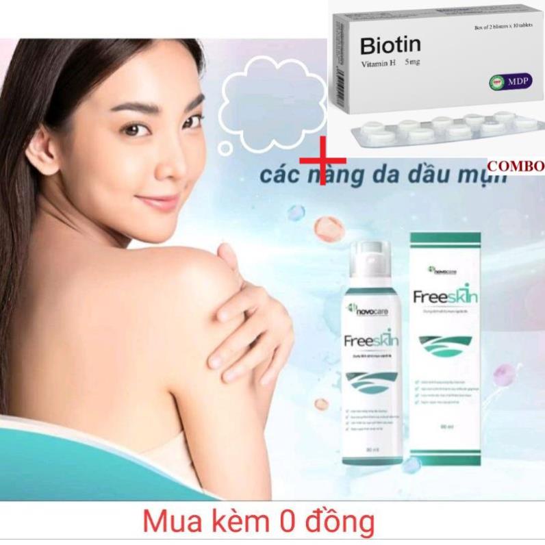 Combo Biotin 5mg+ FREESKIN - Dung dịch xịt mụn ngoài da 80ml