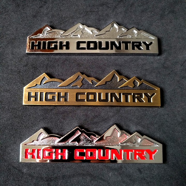 Logo kim loại chữ nổi HIGH COUNTRY dán ô tô