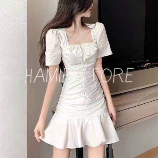 Đầm nữ đuôi cá ngắn cổ vuông tay bồng buộc nơ HSG140, váy chun mông dáng đuôi cá tôn ôm ngực thắt nơ tôn dáng