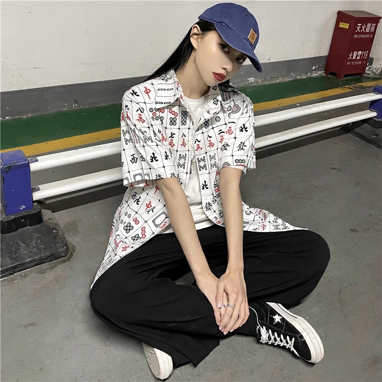 Áo Sơ Mi Tay Ngắn Dáng Rộng In Họa Tiết Mạt Chược Kiểu Trung Hoa Thời Trang Mùa Hè 2022 Cho Các Cặp Đôi