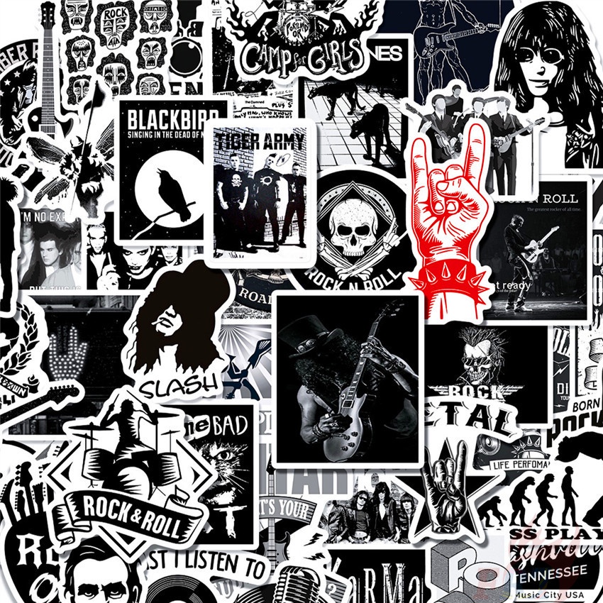 Bộ 50 Cái ❉ Ban Nhạc Rock Punk Hip Hop. 02 Miếng Dán Kim Loại Màu Trắng Đen Kiểu Cổ Điển ❉ Sticker Dán Tường Chống Thấm Nước Thời Trang