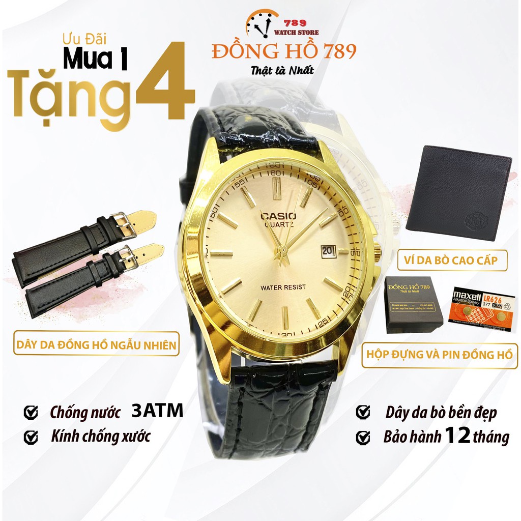 ✠Đồng Hồ NAM CASIO C045 DÂY DA Mặt Vàng Chống Xước, Nước - TẶNG 1 Cao Cắp, Ví + 2 pin AG4