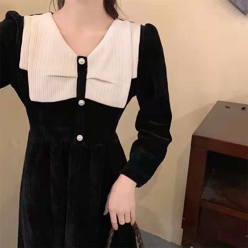 Đầm Perty nhung kẻ dáng ôm tay phồng thời trang Hàn Quốc dành cho nữ