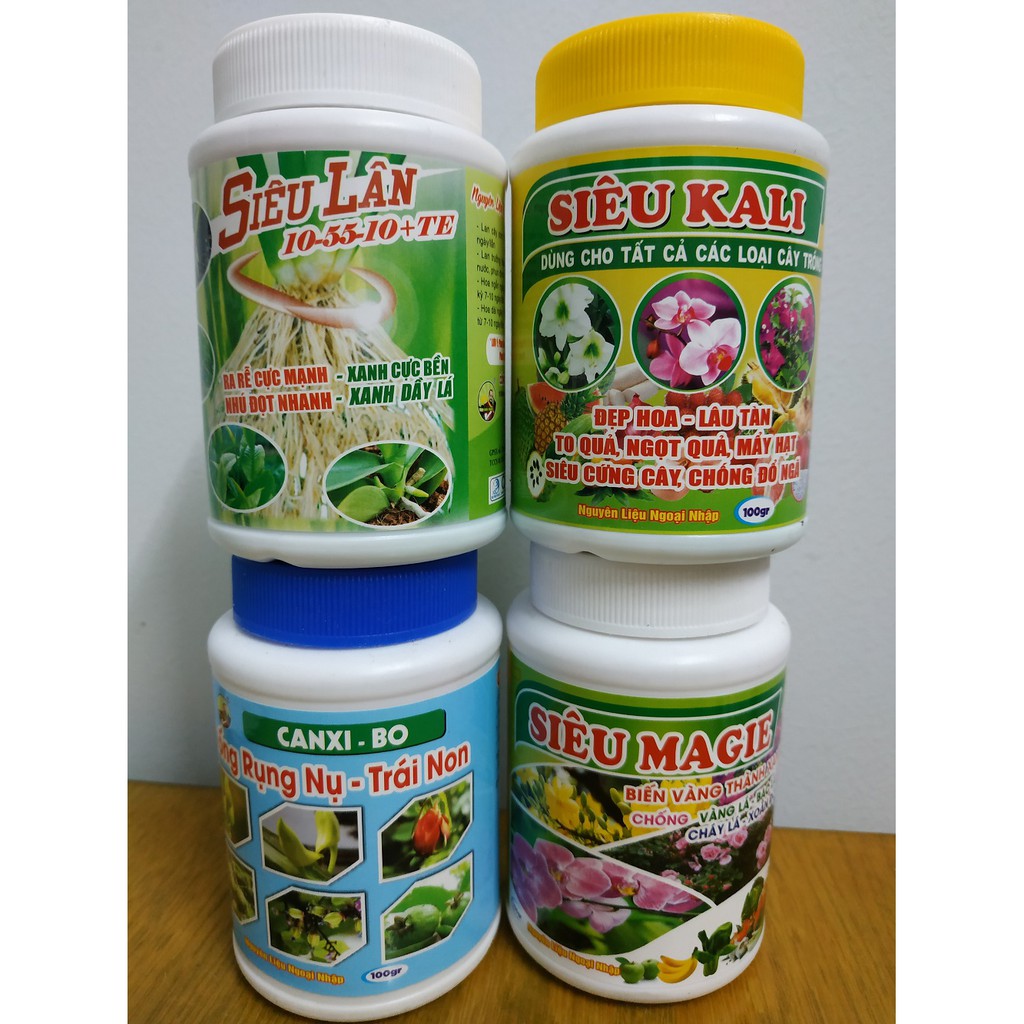 Combo Phân Bón Dưỡng Cây, Kích Hoa, Nuôi Trái ( Canxi-bo + Kali + Magie + lân ) 100 gram/chai-BIOMAX