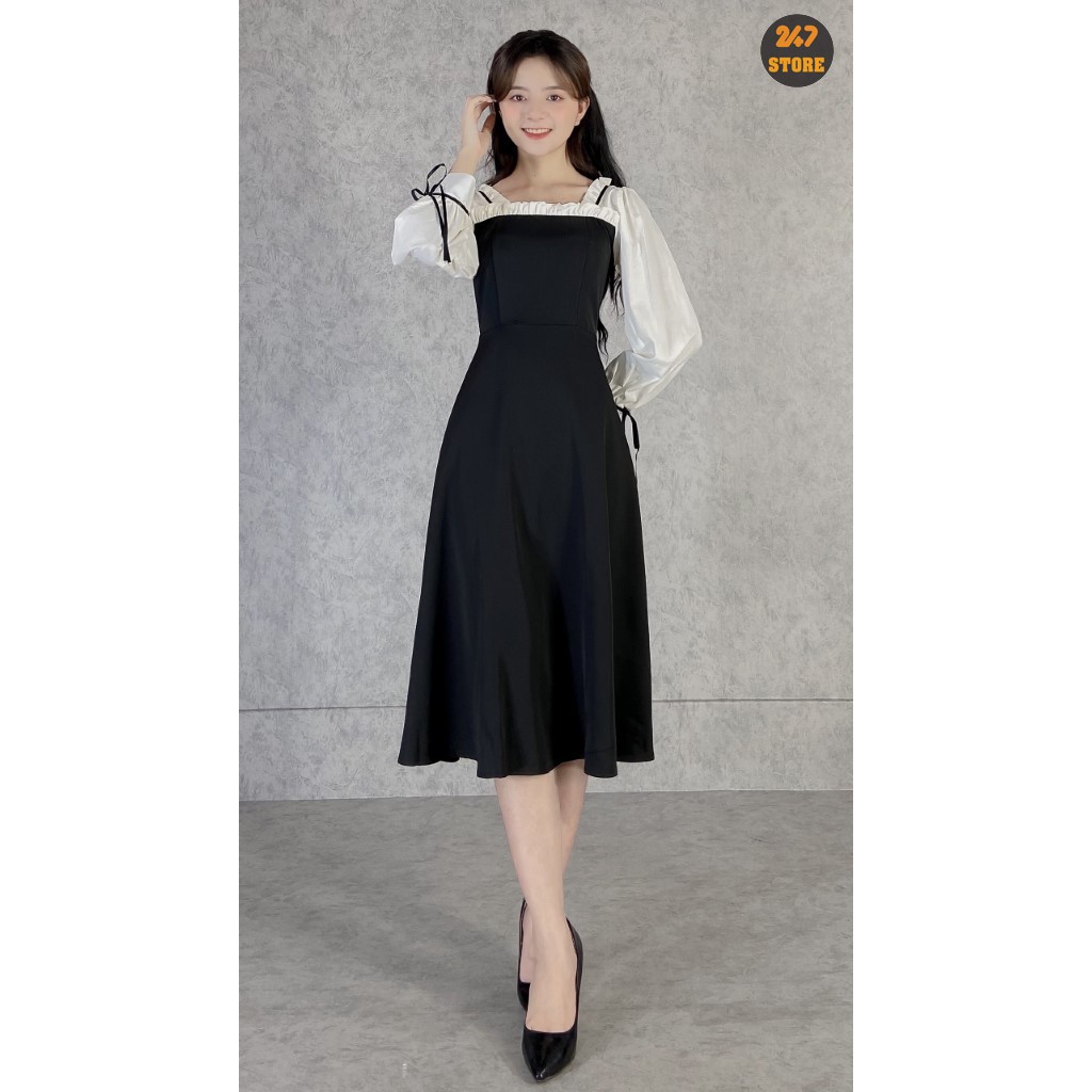 Váy công sở nữ phối nơ tay trắng viển ren 247STORE (màu đen), dáng dài, tay bồng, cổ vuông, vải trượt hàn | BigBuy360 - bigbuy360.vn