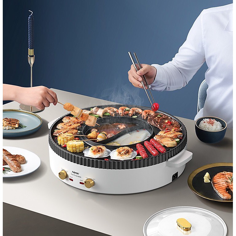 (BH 1 năm) Bếp lẩu nướng BBQ đa năng AORAN cỡ lớn 45cm kết hợp 2 trong 1 màu xanh công suất lớn 2200W