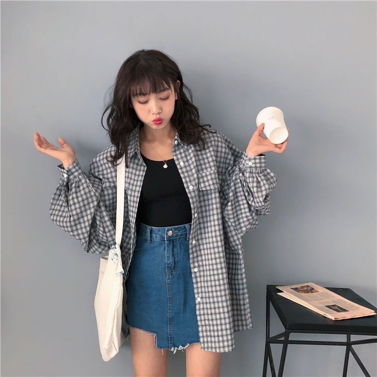 Mới áo sơ mi họa tiết caro tay dài thời trang Hàn Quốc cho nữ