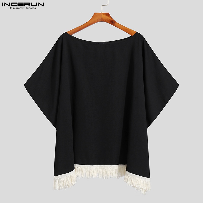 Áo thun INCERUN thiết kế tay cánh dơi cổ tròn phối tua rua thời trang cho nam