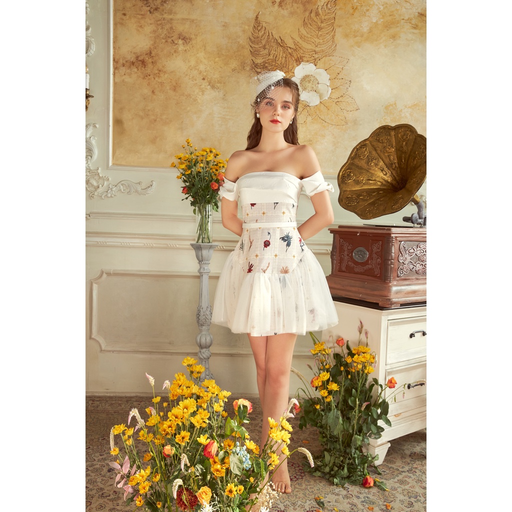 CHICHI - Váy Taffta trễ vai phối dạ in hoa lưới xòe Robe Carmen fleur