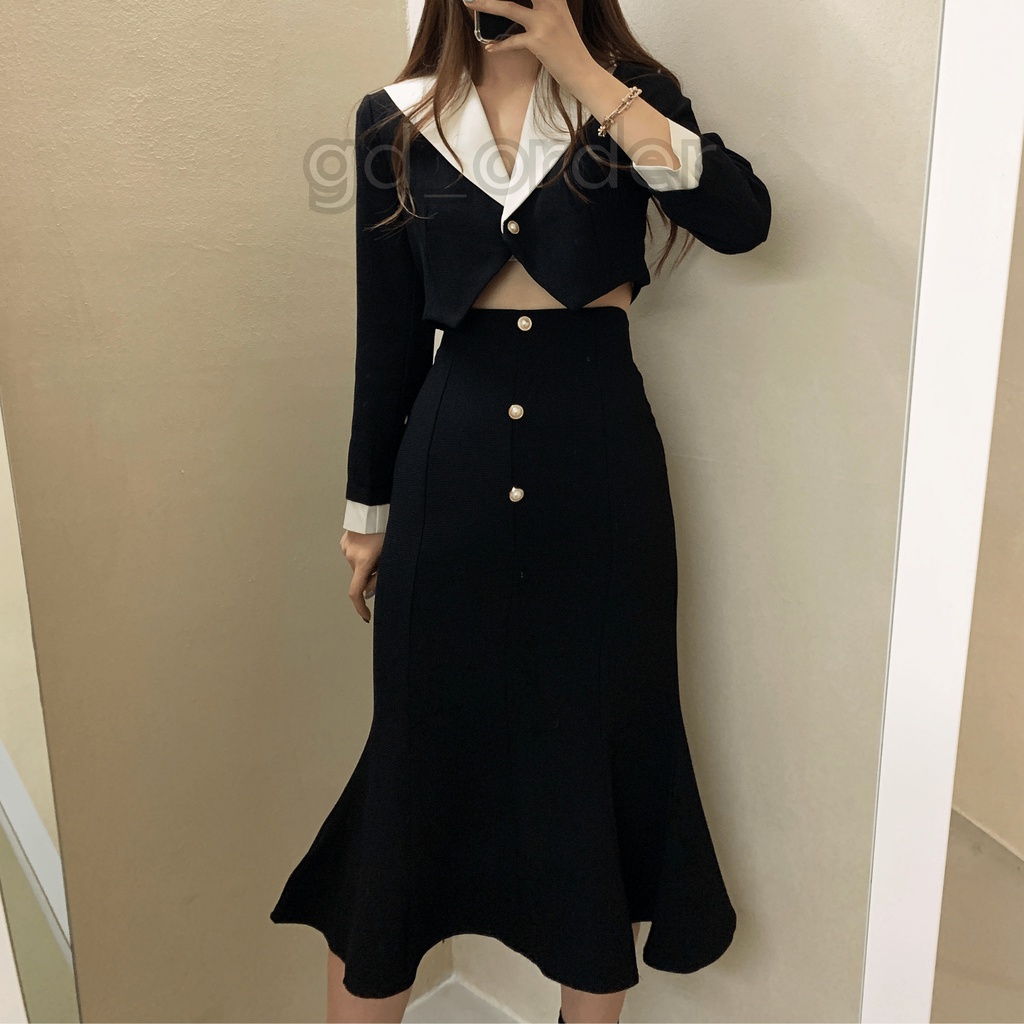 B87|Set bộ vest áo croptop hàn quốc dáng ngắn cổ điển thanh lịch kèm váy đuôi cá công sở gd_order