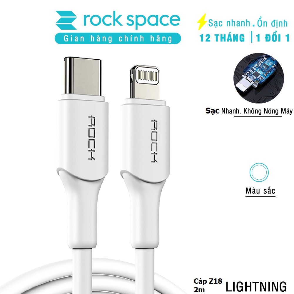 Dây cáp sạc nhanh cho iphone 12 Rock Z18, độ dài 2m, sạc nhanh 20W chuẩn PD, hàng chính hãng bảo hành 12 tháng 1 đổi 1