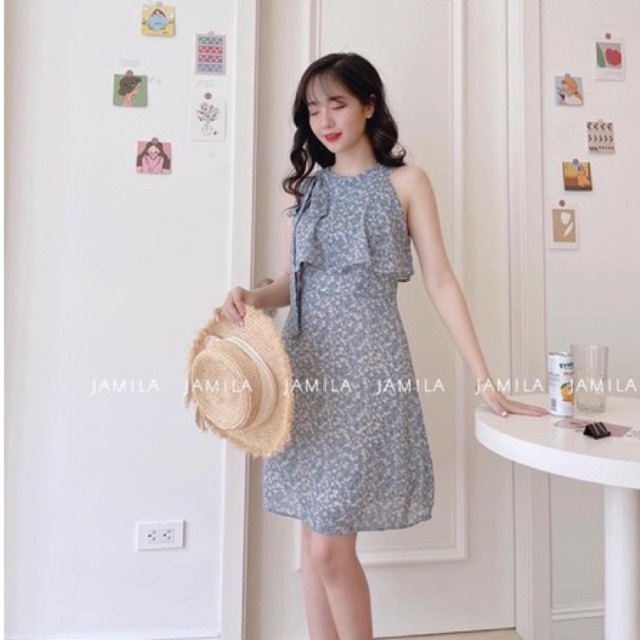 Váy đầm suông xanh hoa nhí sát nách bepf ngực đính nơ siêu xinh l1