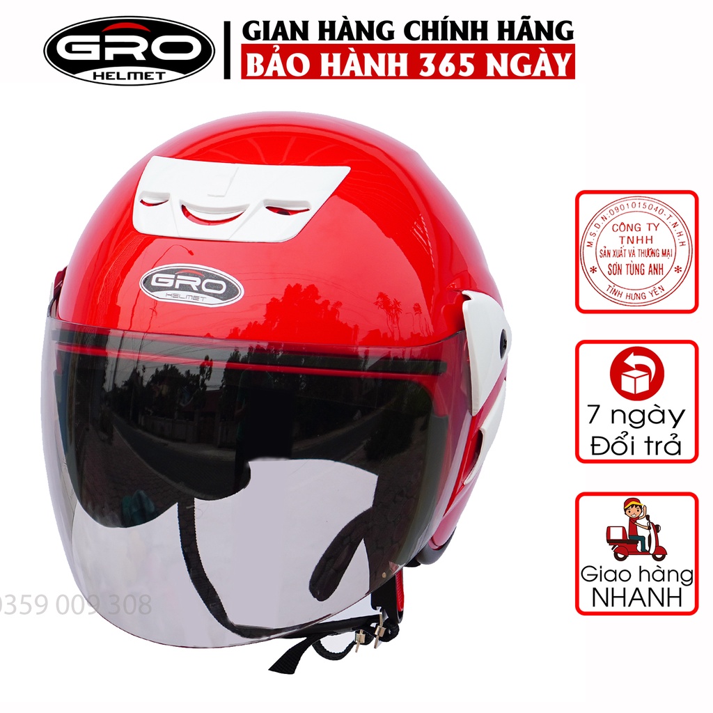 Nón bảo hiểm cả đầu Gro T318 V2 có kính, kiểu dáng Honda bền đẹp chắc chắn, mút xốp dày dặn thoáng khí - màu đỏ tươi