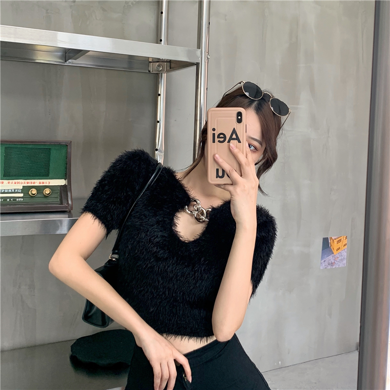 IELGY Áo Kiểu Dáng Ngắn Phối Dây Xích Cá Tính Dễ Phối Đồ Thời Trang Cho Nữ