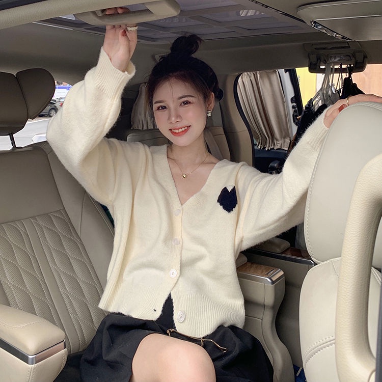 Áo Khoác Cardigan Len Dệt Kim Mỏng Tay Dài Cổ Chữ V Thêu Hình Trái Tim Màu Sắc Tương Phản Phong Cách Hàn Quốc