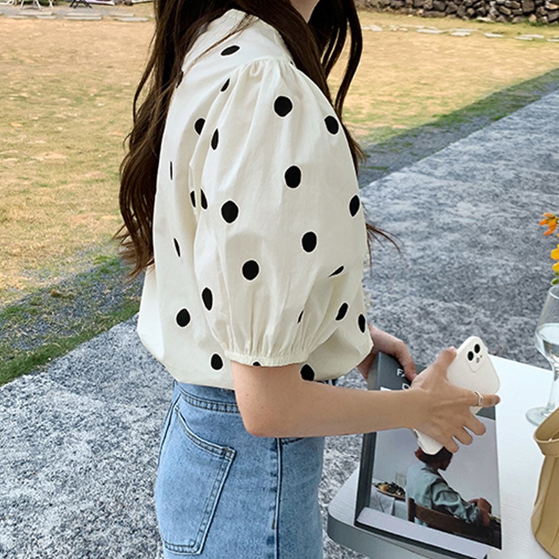 Áo Chiffon Tay Lỡ Cổ Tròn Họa Tiết Chấm Bi Phong Cách Pháp Cổ Điển Thời Trang Mùa Hè Cho Nữ