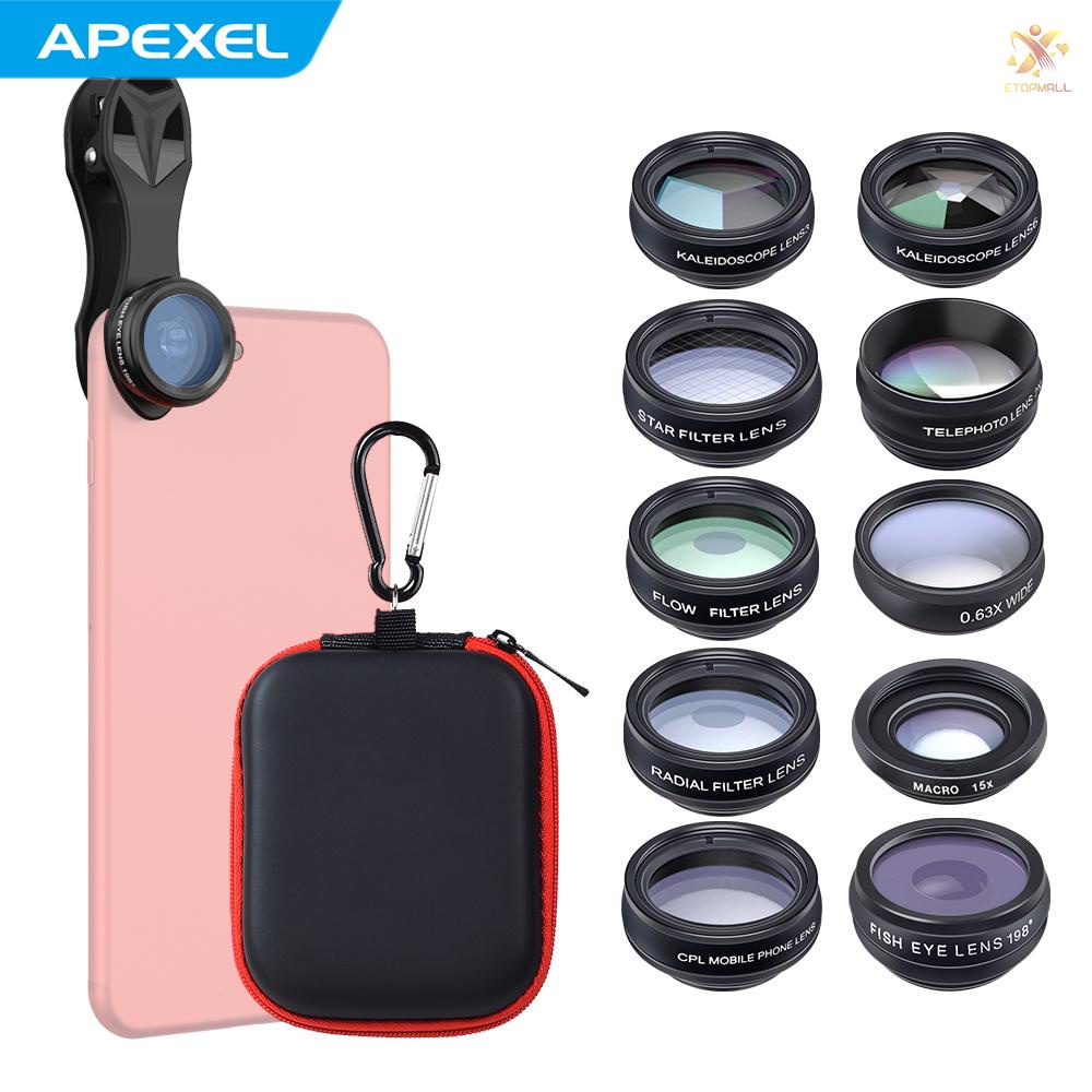 ET APEXEL 10 in 1 Phone Camera Lens Kit with 0.63X Wide Angle + 15X Macro + 198°Fisheye + 2X Telephoto + CPL + Star Filter + Radial Filter + Flow Filter + Kaleidoscope 3 + Kaleidoscope 6 Compatible with Android