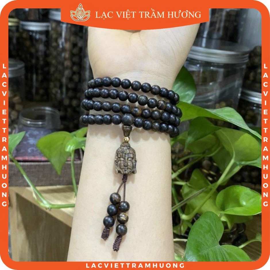 Vòng Tay Trầm Hương Mặt Phật 108 Hạt 6mm Trầm Dó Dây INDO hàng Xịn VIP Cao Cấp Lac Việt cầu Bình An - May Mắn