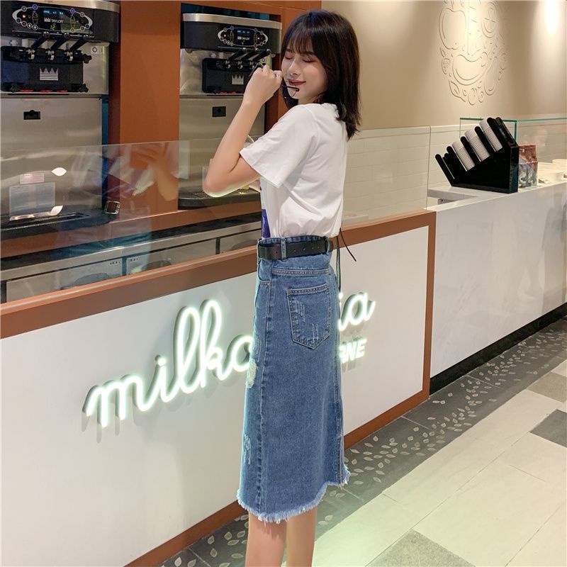Chân váy jean Chữ A Lưng Cao Thiết Kế Xẻ Rách Thời Trang Mùa Hè Cho Nữ