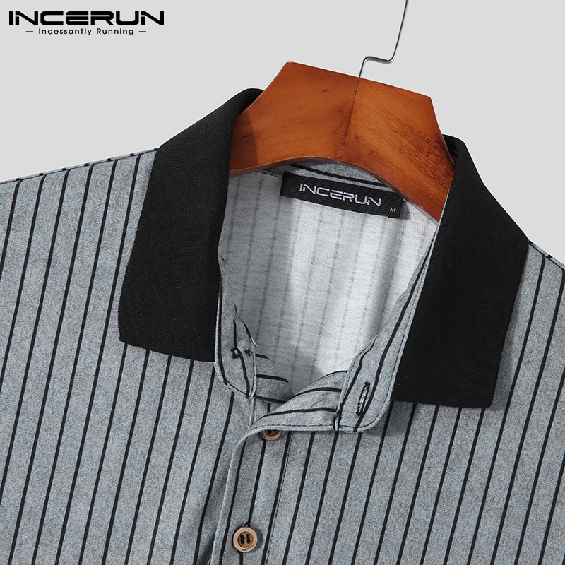 INCERUN Áo Thun Polo Ngắn Tay Thoải Mái Họa Tiết Kẻ Sọc Thời Trang Mùa Hè Cho Nam