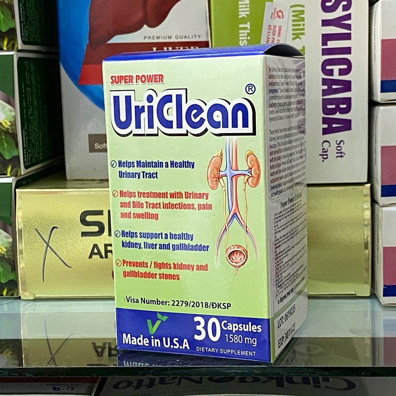 Tán sỏi thận, sỏi mật Super Power UriClean - Thực phẩm bổ thận Lọ 30 viên