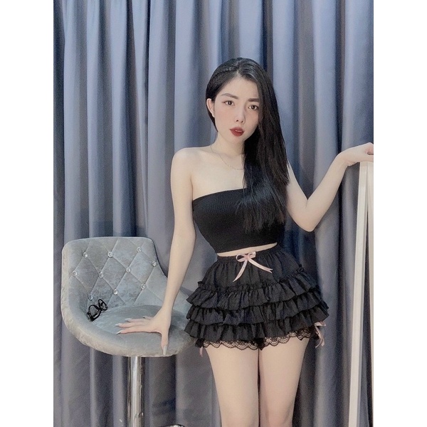 [FREESHIP] Quần xốp nhún tầng phối ren nơ nhí hai màu trắng đen siêu cưng