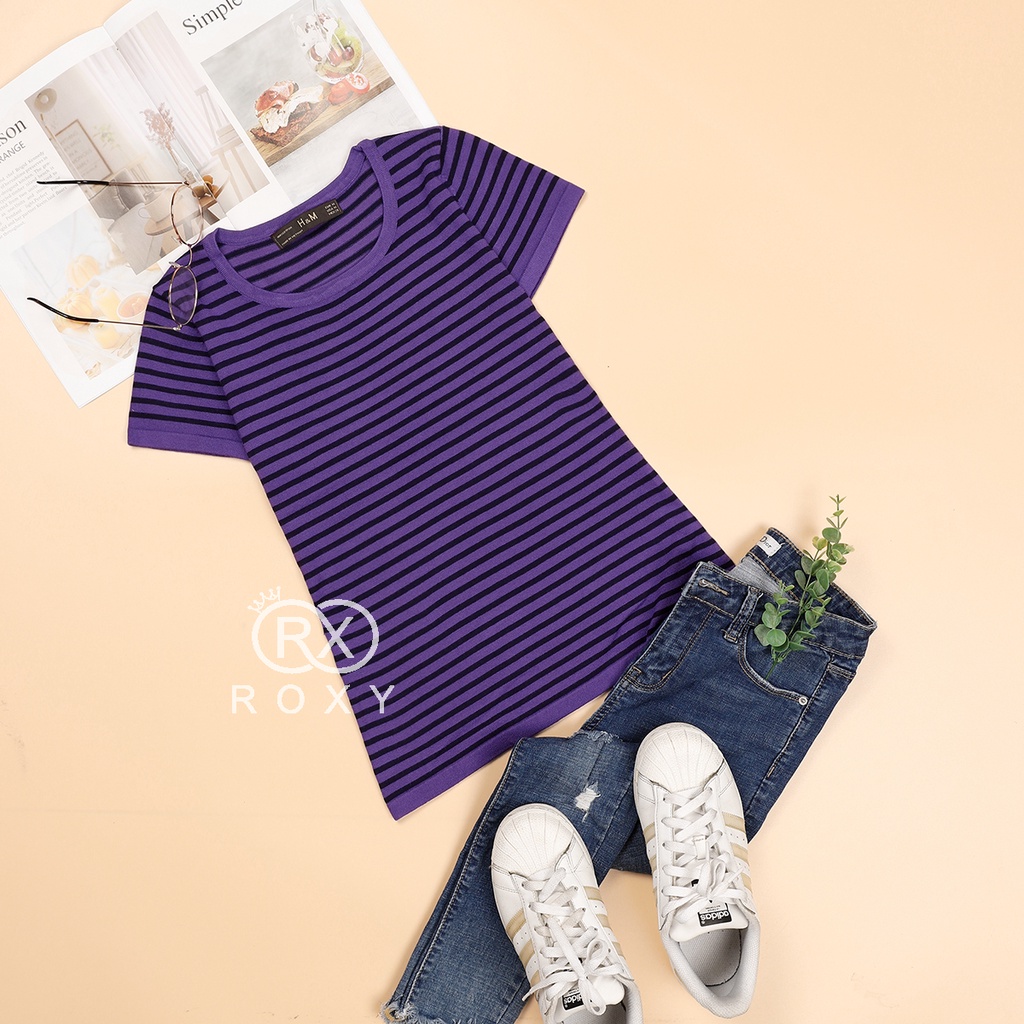 Áo Len Mịn Cổ Tròn Tay Ngắn Sọc Nhí Ngân Roxy