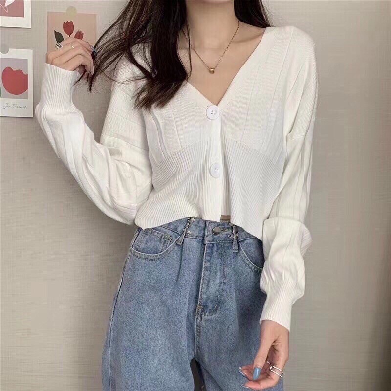 Áo khoác len cadigan nữ dài tay 2 khuy to dáng croptop