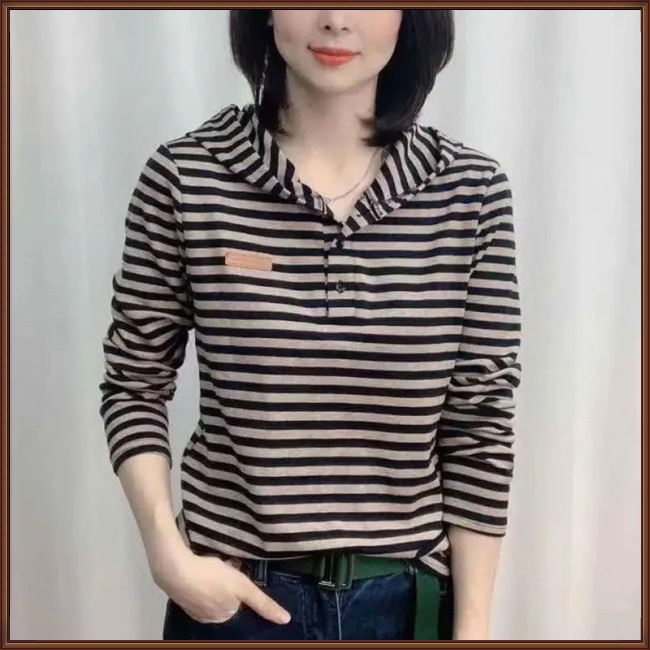 Áo Hoodie Tay Dài Dáng Rộng Họa Tiết Kẻ Sọc Thời Trang Cho Nữ