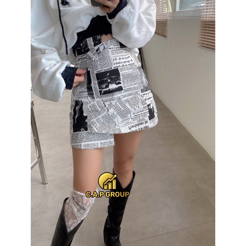 Chân váy nữ ngắn chữ A đẹp lưng cao họa tiết Tờ Báo ngầu Kpop