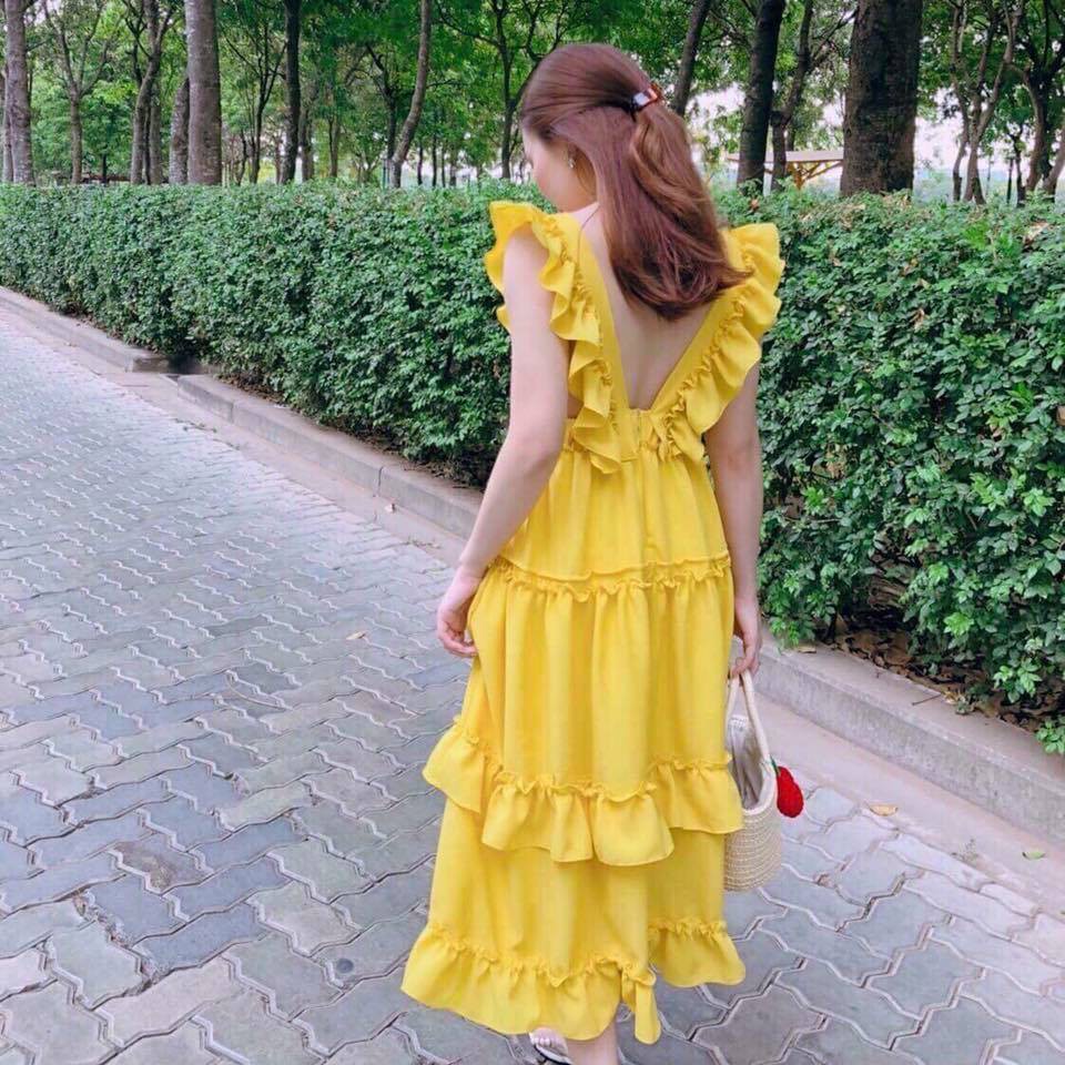 Đầm Nữ Maxi Vàng Bèo Đuôi Cá