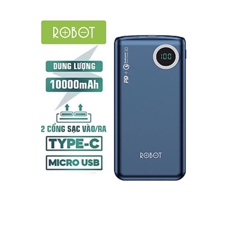 Pin Sạc Dự Phòng 10000mAh 2 Cổng Sạc - Sạc Nhanh 18W/PD/QC 3.0 Type C - Hàng Chính Hãng - ROBOT RT100Q-New