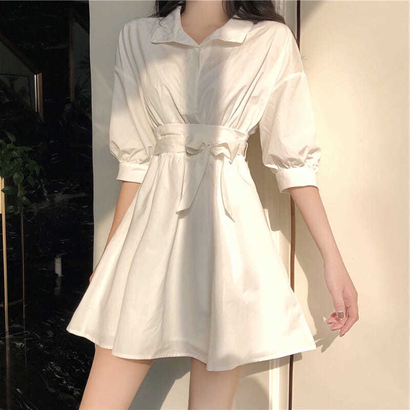 Đầm chữ A tay phồng màu trắng phong cách retro Pháp thời trang cho nữ