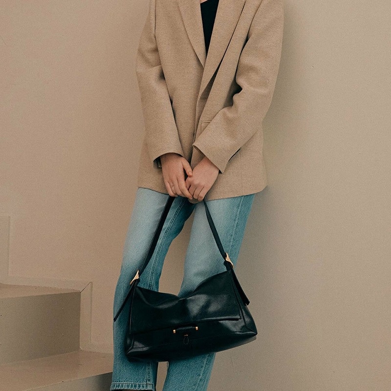 Túi đeo vai IELGY da PU mềm mại cỡ lớn màu đen phong cách Hàn Quốc thời trang dành cho nữ