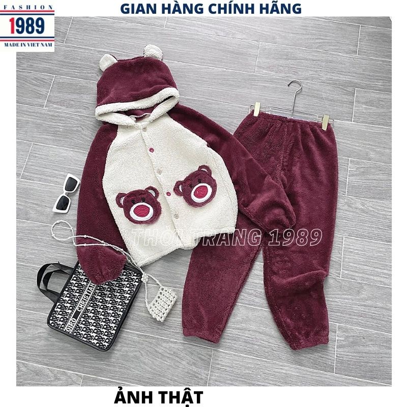 Bộ ngủ lông gấu phối đỏ mận siêu kute dễ thương ulzzang ,bộ đồ mặc nhà xinh sắn ấm áp mùa đông -PHƯƠNG 1989