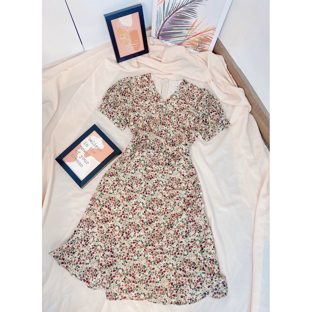 Đầm Hoa Nhí Vintage ❤️FREESHIP❤️ Dáng Xòe Cổ V Tay Ngắn Xếp Ly Eo Đính Hạt | BigBuy360 - bigbuy360.vn