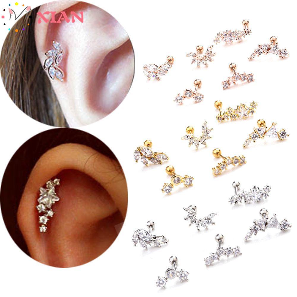 Khuyên xỏ sụn tai bằng thép không gỉ đính đá zircon nhiều màu dễ thương