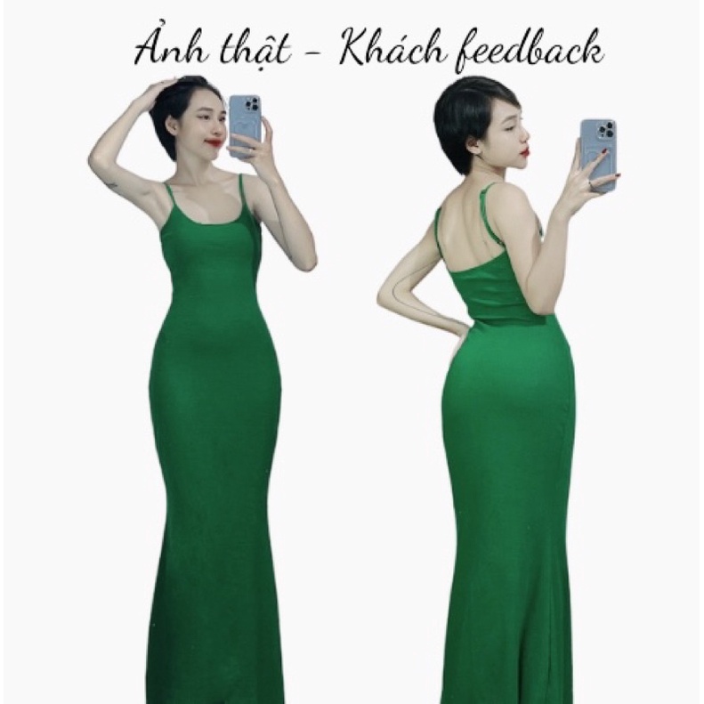 Đầm body nữ vải len tăm mỏng hai dây có tăng đơ điều chỉnh form dài đuôi cá xoè dài 1m3 form chuẩn hình
