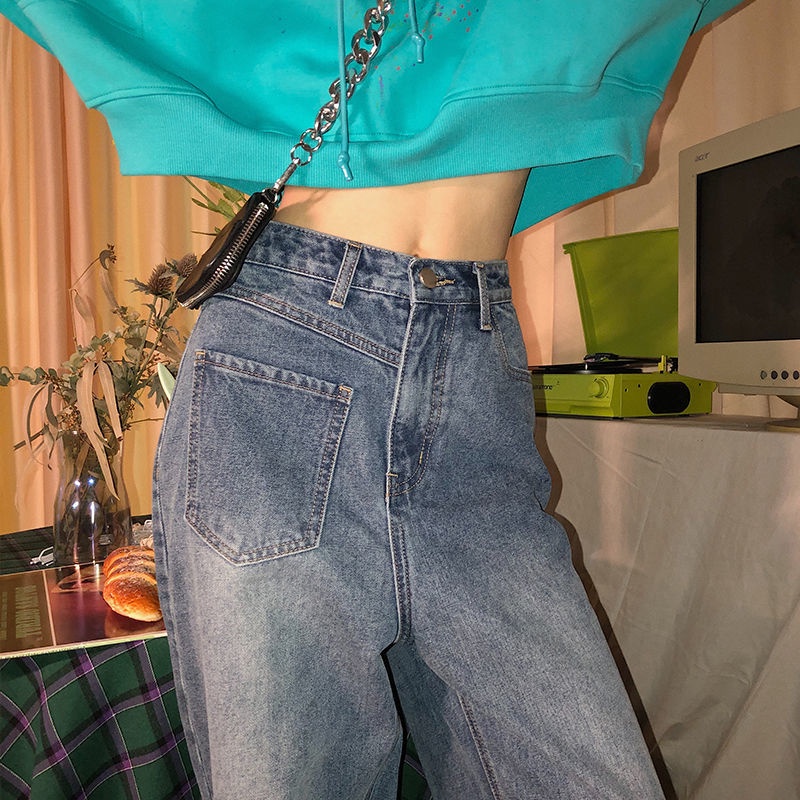 Quần jean ống rộng cạp cao thời trang mùa xuân hè Hàn Quốc 2021 cho nữ