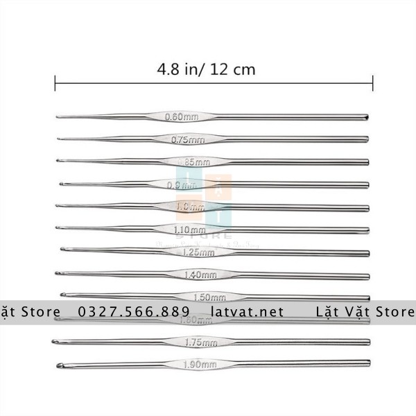 12 size Móc len sắt màu trắng, chuyên dùng để móc ren, sợi chỉ lựa chọn từ 0,6 đến 1,9 mm - Crochet Hook