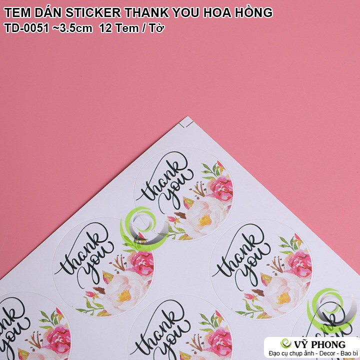 TEM DÁN STICKER NHÃN DÁN THANK YOU HỌA TIẾT HOA HỒNG TRANG TRÍ NIÊM PHONG BAO BÌ HỘP QUÀ BÁNH KẸO TD-0051