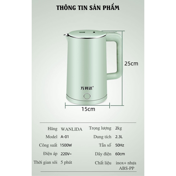 Ấm Siêu Tốc Inox A-01 (Dung Tích Lớn 2.3L) - Bình Siêu Tốc 1500W Đun Sôi Nhanh Vỏ nhựa PP an toàn, Lõi thép không gỉ.