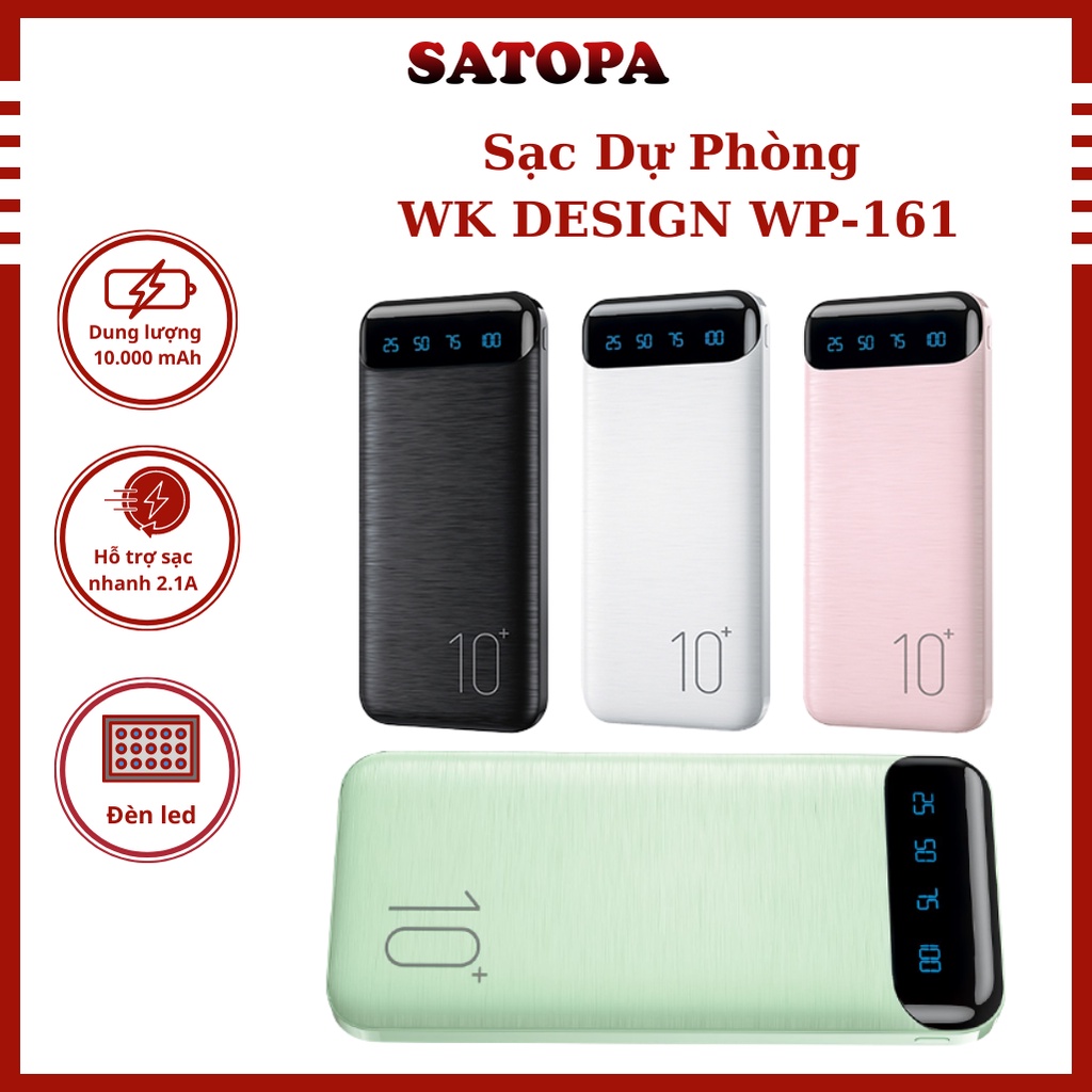Sạc dự phòng 10000mAh WK DESIGN WP-161 pin dự phòng mini nhỏ gọn giá rẻ có đèn led hiển thị dung lượng pin - SATOPA