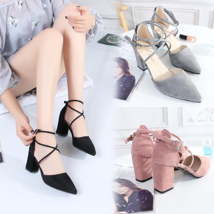 [ Sắn sales 11-11] Giày cao gót nữ đế vuông dây chéo xinh xắn dễ thương - 6-7cm