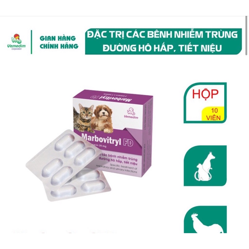 Vemedim Marbovitryl FD dùng cho chó, mèo, gà đá viêm hô hấp, tiết niệu, hộp 10 viên