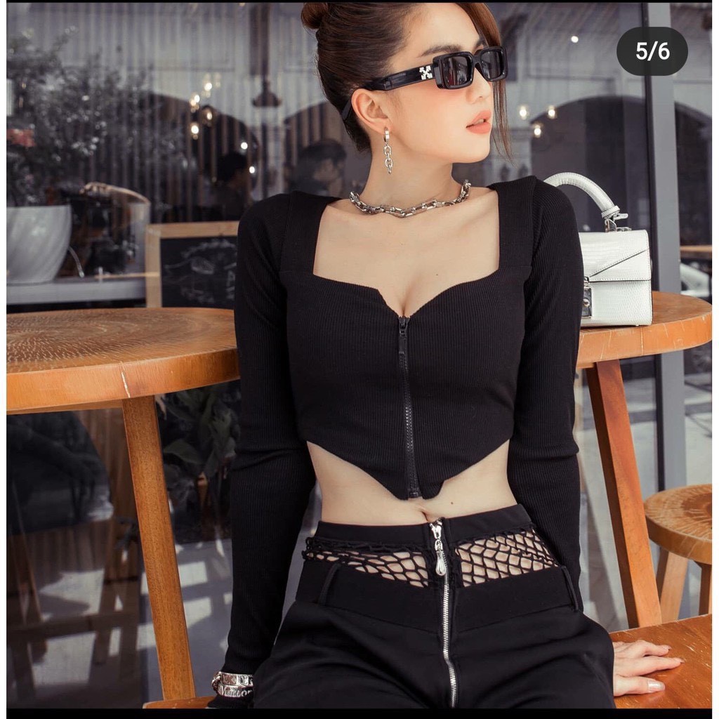 Áo kiểu tay dài cổ vuông phối dây kéo trước tà nhọn cực xinh dáng croptop áo Ngọc Trinh