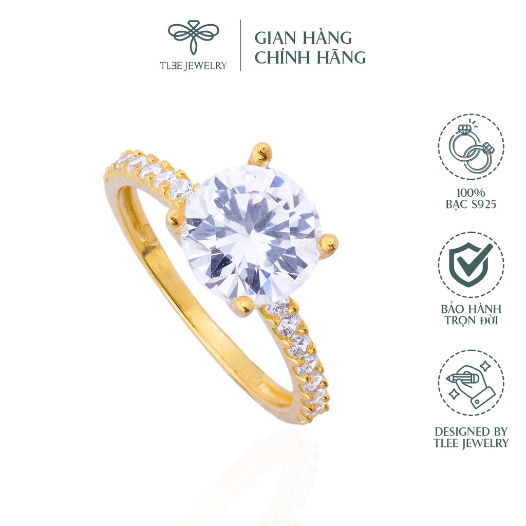 Nhẫn bạc nữ TLEE trụ đá bốn chấu mạ vàng 14k ổ đá 8li sang trọng NCJ A0150